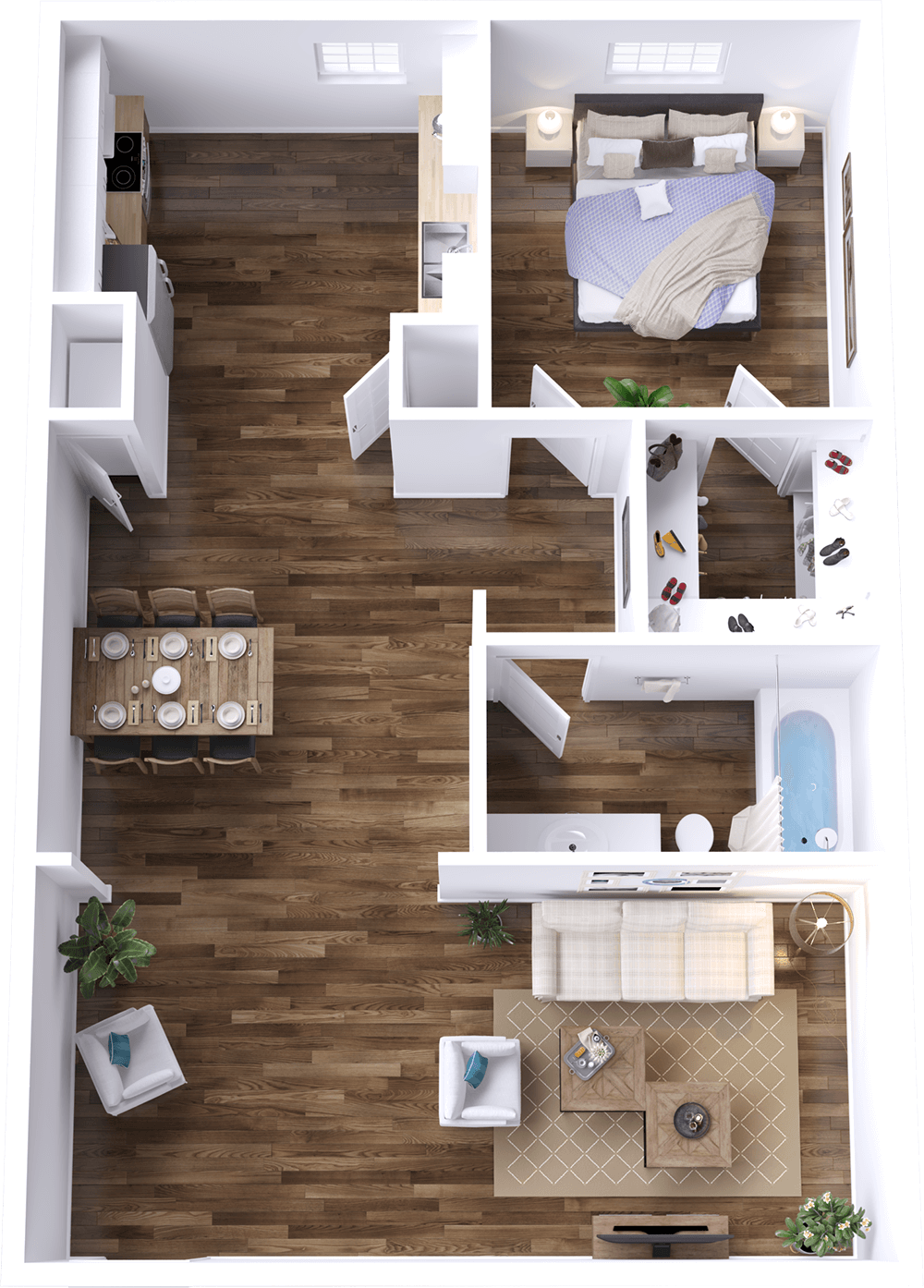 1 Bedroom 1 Bath - 3D Plan