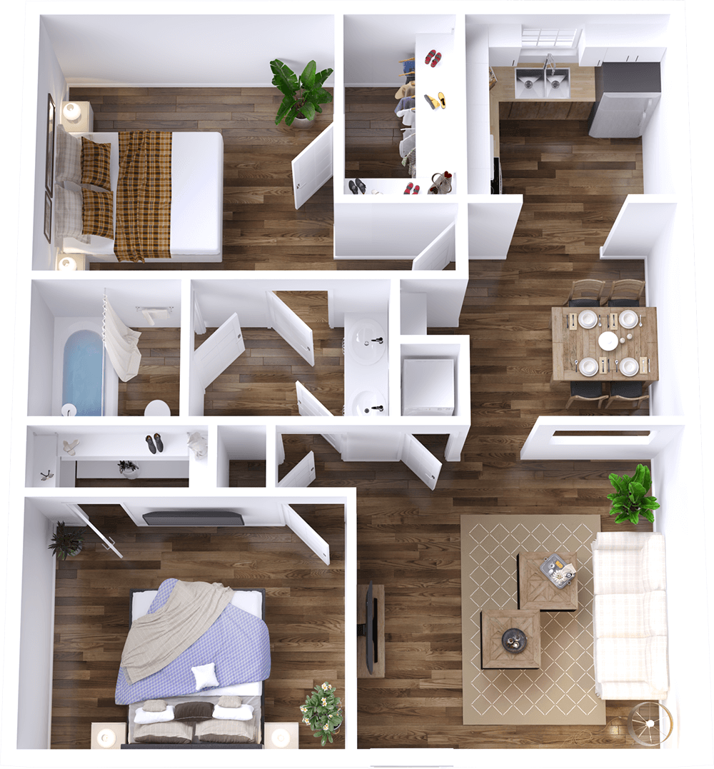 2 Bedroom 1 Bath - 3D Plan