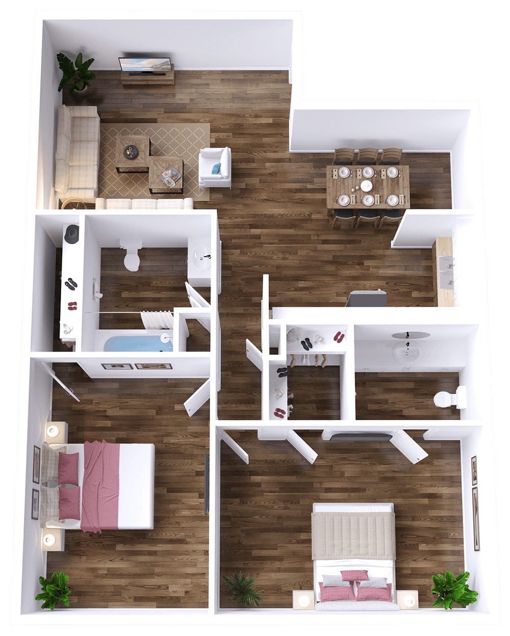 2 Bedroom 1.5 Bathroom - 3D Plan